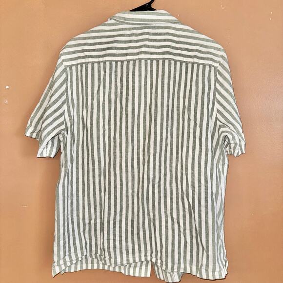 H&M Men's Linen Blend Short Sleeve Button Down T-Shirt Tee Green White - Medium - Picture 9 of 9